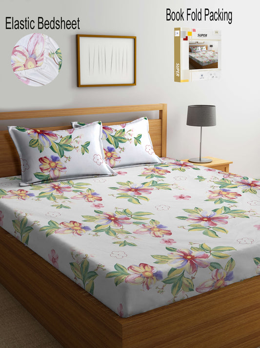 Klotthe Multi Floral 300 TC Cotton Blend Fitted Super King Double Bedsheet Set in Book Fold Packing (270X270 cm)