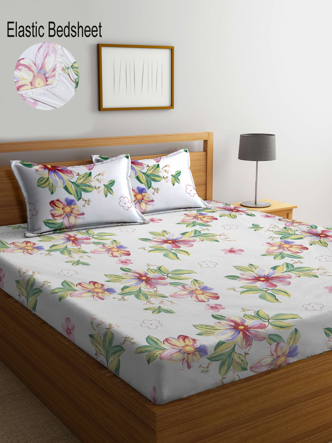 Klotthe Multi Floral 300 TC Cotton Blend Elasticated Super King Double Bedsheet with 2 Pillow Covers (270X270 cm)