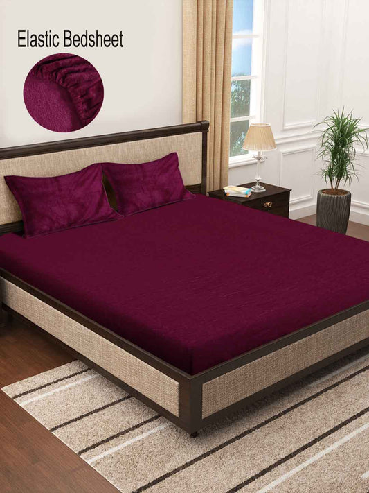 Klotthe Maroon Solid Woolen Fitted Double Bed Sheet with 2 Pillow Covers