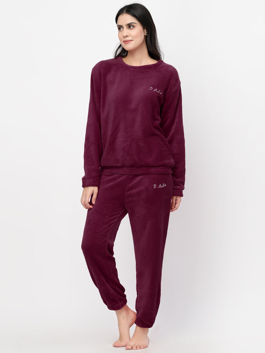 Klotthe Women Maroon Solid Wool Blend Night Suit