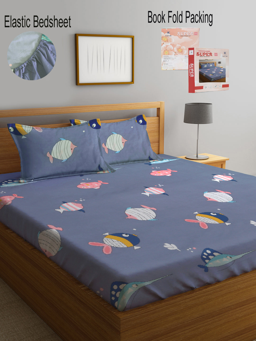 Klotthe Multi Cartoon Print 300 TC Cotton Blend Elasticated Double Bedsheet with 2 Pillow Cover in Book Fold Pack