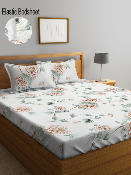 Klotthe Multi Floral 300 TC Cotton Blend Elasticated Double Bedsheet with 2 Pillow Covers