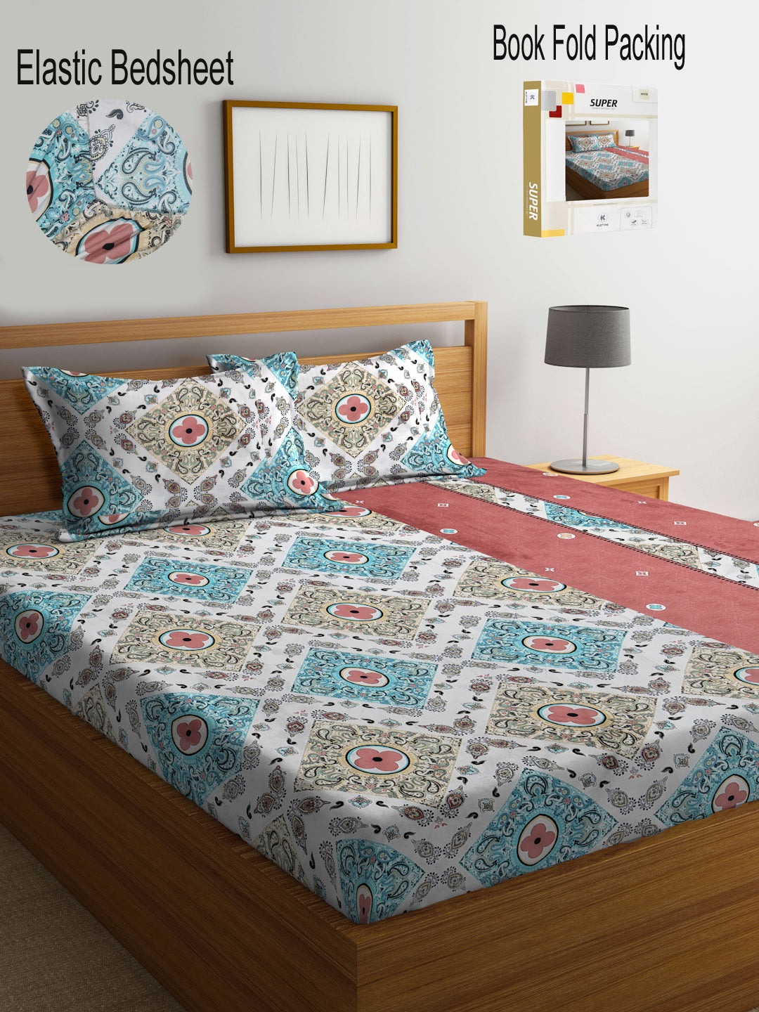 Klotthe Multi Floral 300 TC Cotton Blend Fitted Super King Double Bedsheet Set in Book Fold Packing (270X270 cm)