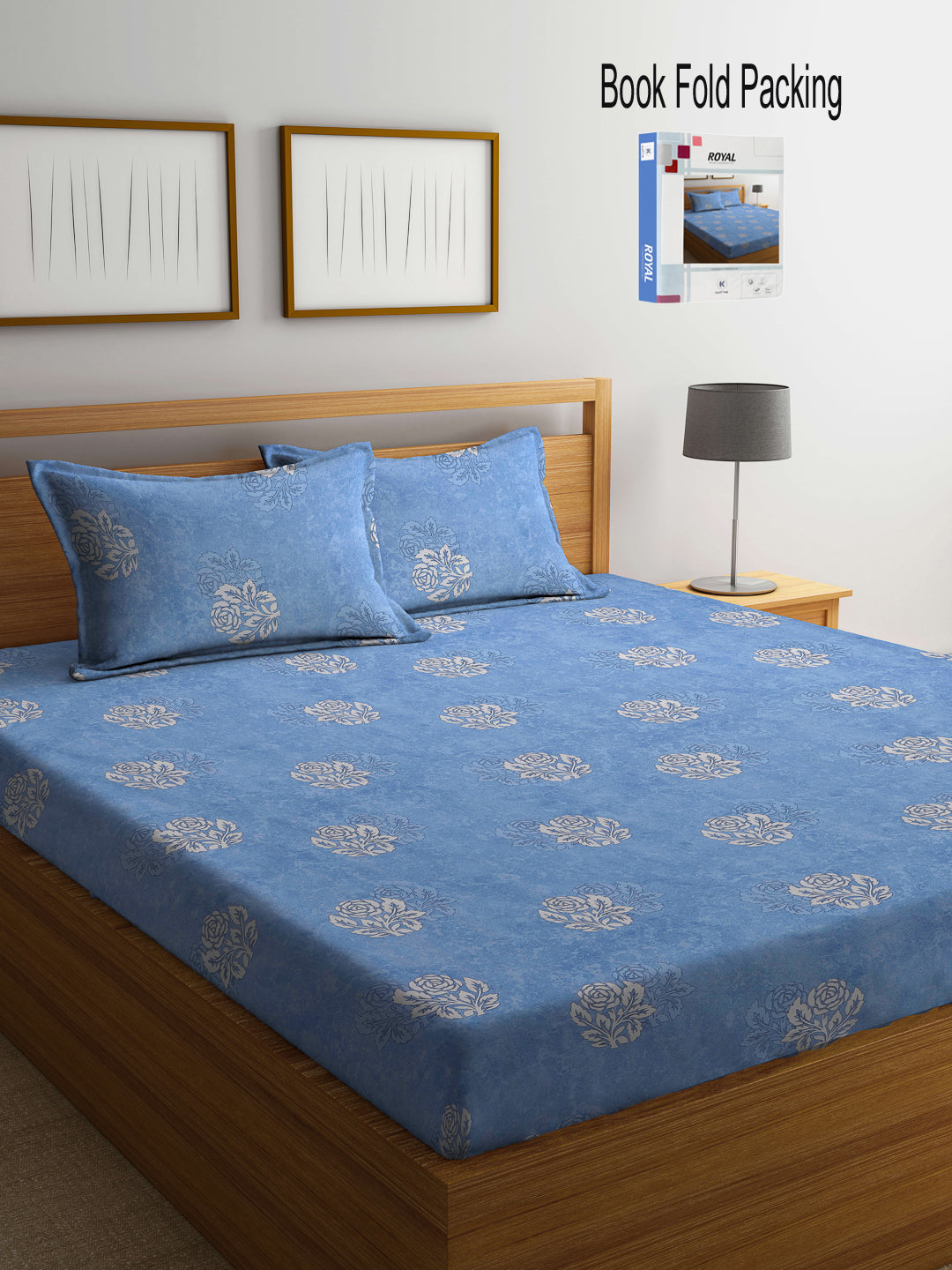 Klotthe Blue Floral 400 TC Pure Cotton Double Bedsheet Set in Book Fold Packing