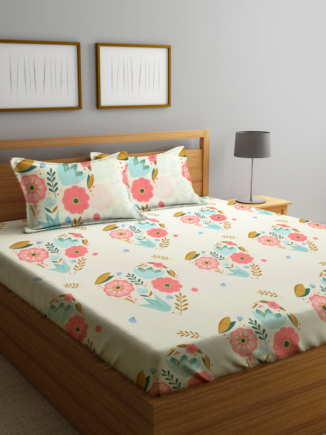 Klotthe MultiColor 210 TC Floral Cotton Blend Double Bed Sheet with 2 Pillow Covers