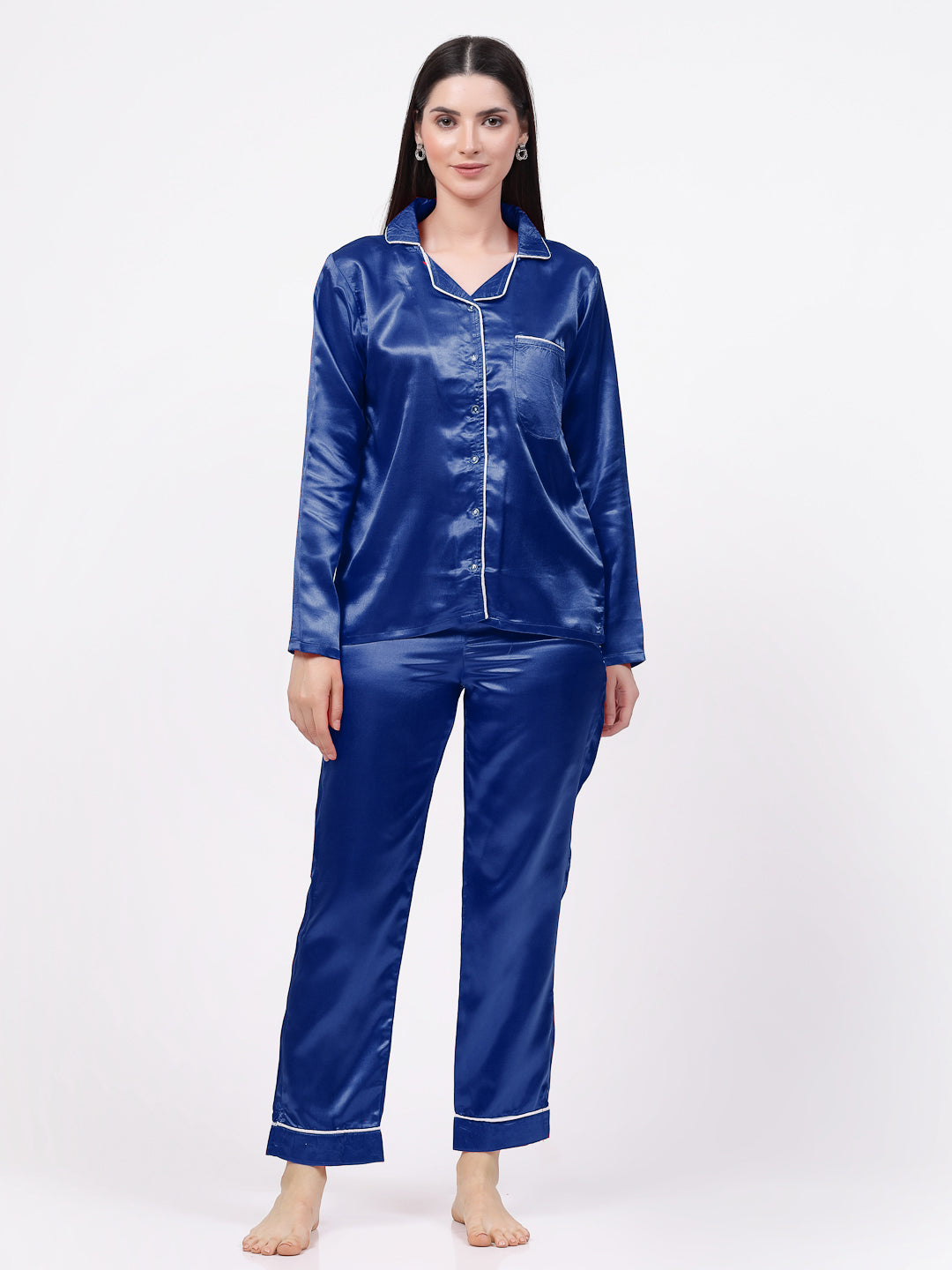 Klotthe Women Blue Solid Satin Night Suit by KLOTTHE