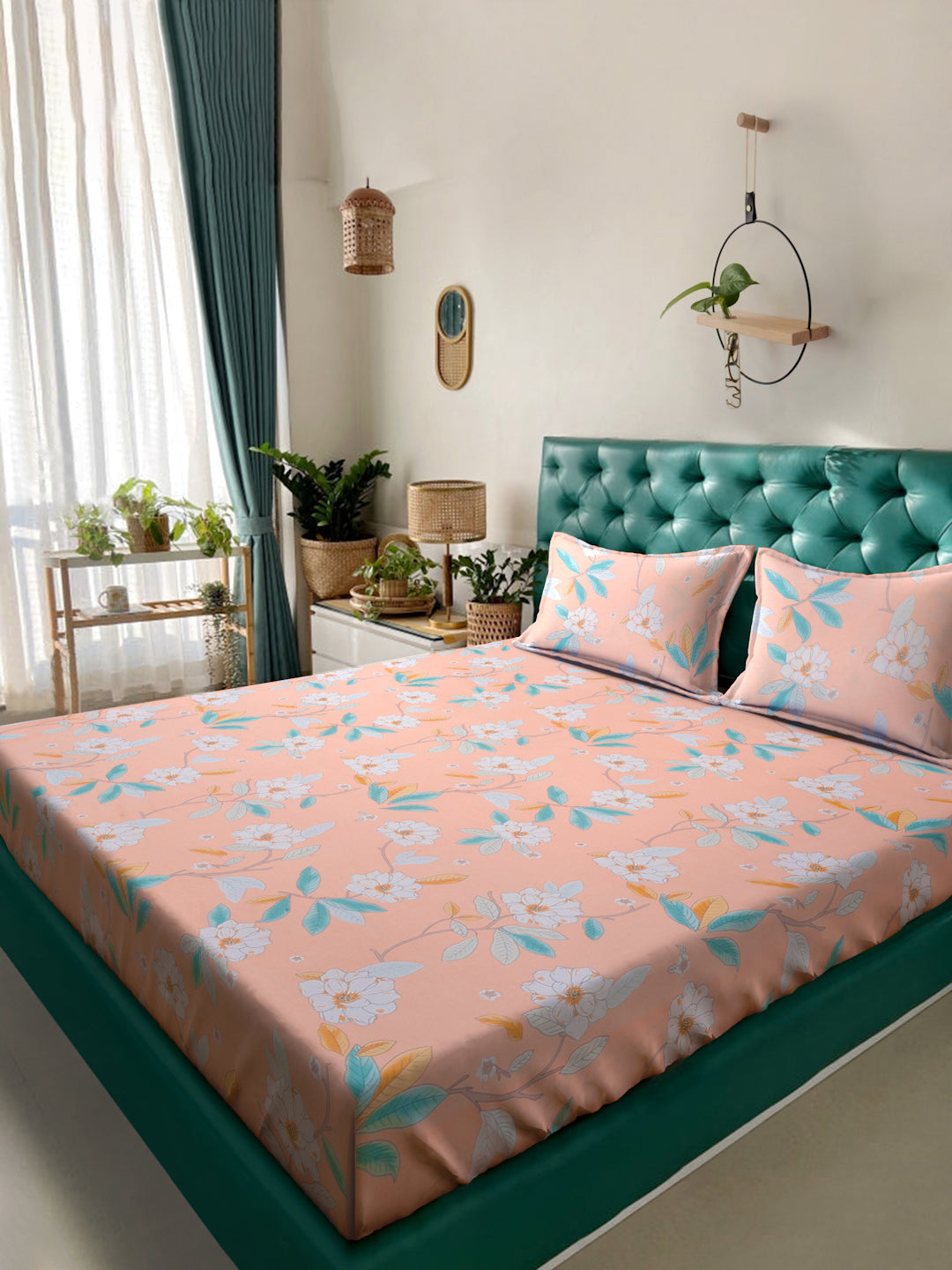 Klotthe Multicolor Floral 300 TC Cotton Blend Fitted Double Bedsheet with 2 Pillow covers