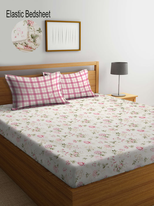 Klotthe Multi Floral 300 TC Cotton Blend Elasticated Super King Double Bedsheet with 2 Pillow covers (270X270 cm)