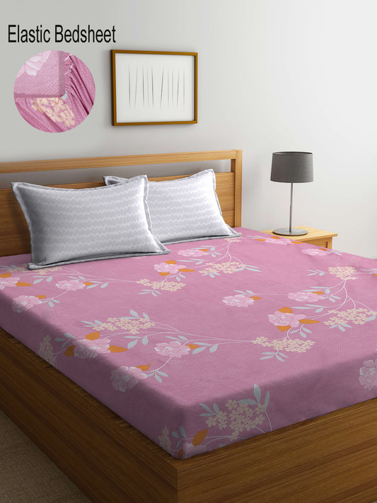 Klotthe Multicolor Floral 300 TC Cotton Blend Fitted Double Bedsheet with 2 Pillow Covers