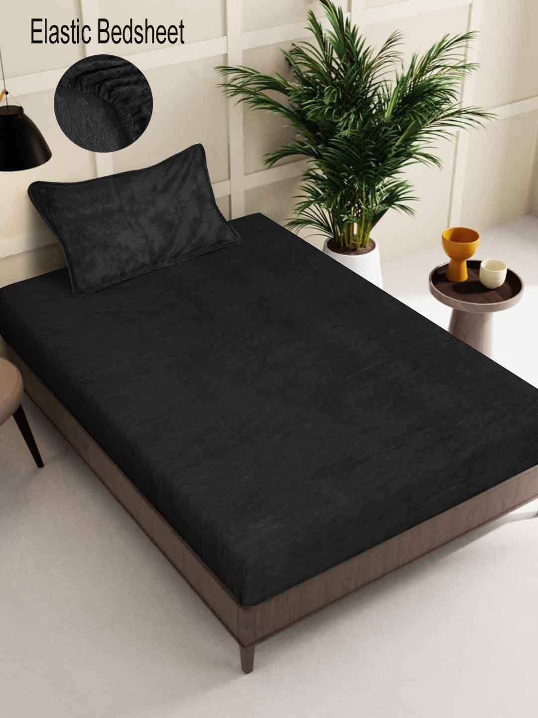 Klotthe Black Solid Woolen Fitted Single Bed Sheet with Pillow Cover