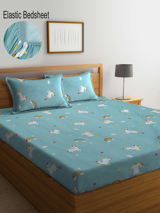 Klotthe Multicolor Cartoon Characters 300 TC Cotton Blend Fitted Double Bedsheet with 2 Pillow Covers