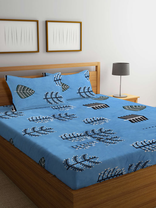 Klotthe Blue Abstract 300 TC Cotton Blend Super King Double Bedsheet with 2 Pillow covers