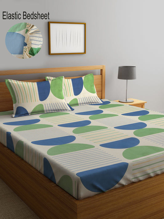 Klotthe Multicolor Geometric 300 TC Cotton Blend Fitted Double Bedsheet with 2 Pillow Covers