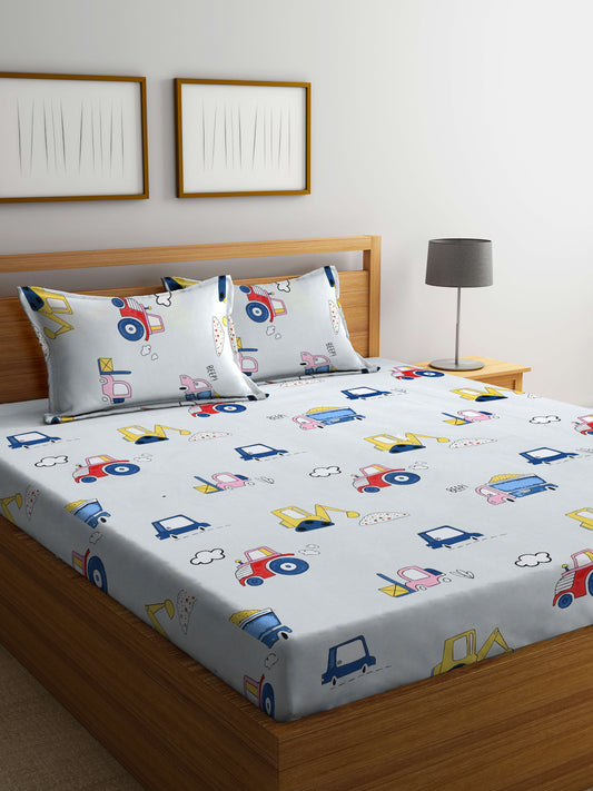 Klotthe Multicolor Cartoon Characters 300 TC Cotton Blend Double Bedsheet with 2 Pillow Covers