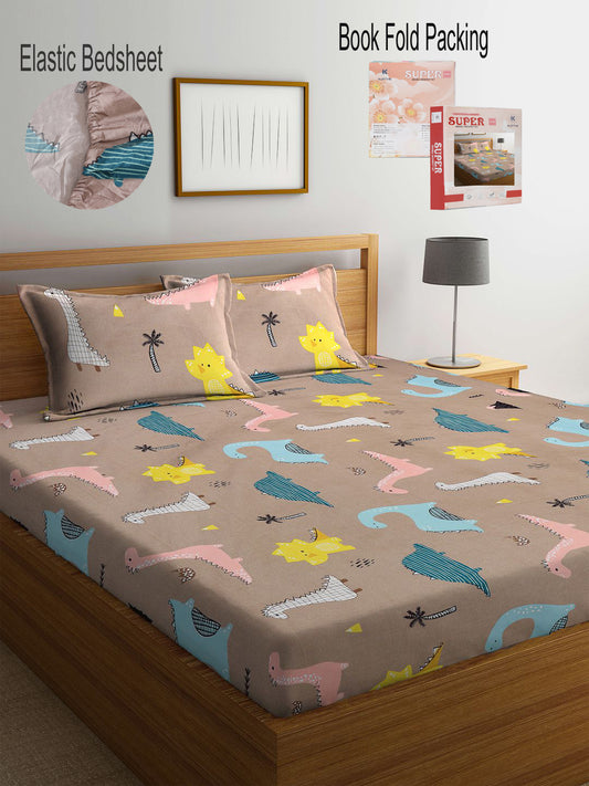 Klotthe Grey Cartoon Print 300 TC Cotton Blend Elasticated Double Bedsheet with 2 Pillow Cover in Book Fold Pack