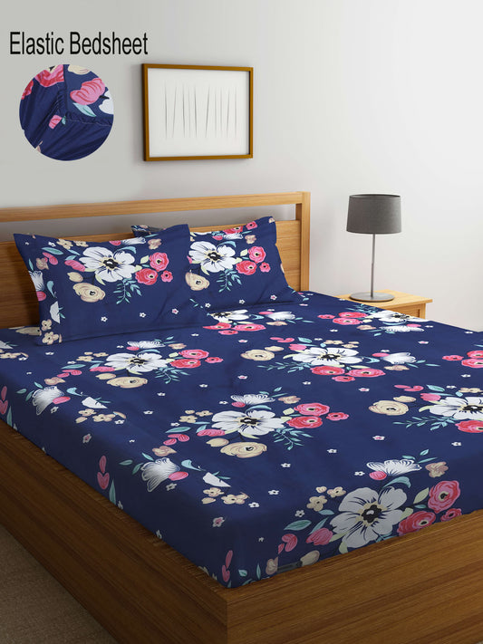 Klotthe Multi Floral 300 TC Cotton Blend Elasticated Double Bedsheet with 2 Pillow Covers