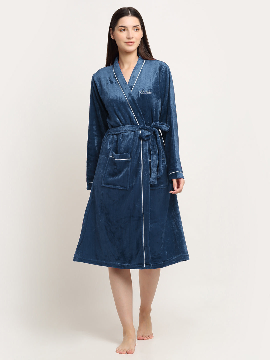 Klotthe Women Turquoise Solid Wool Bath Robe With Belt