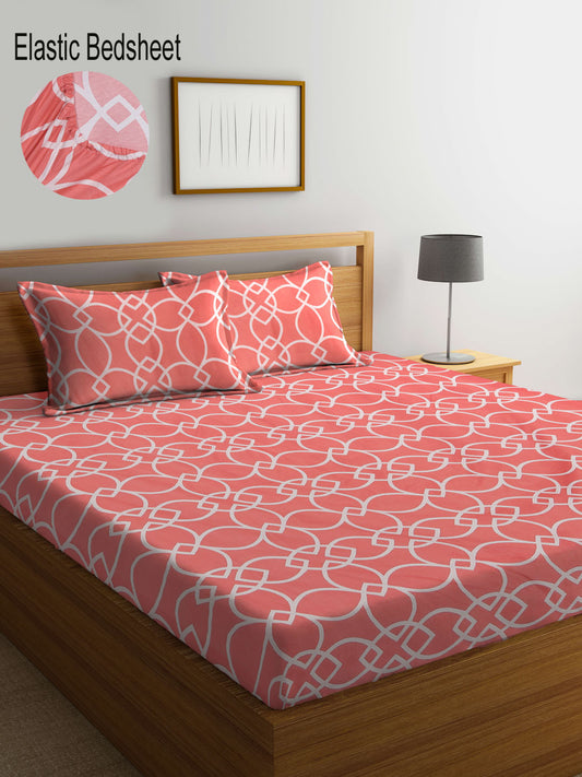 Klotthe Multi Geometric 300 TC Cotton Blend Elasticated Double Bedsheet with 2 Pillow Covers