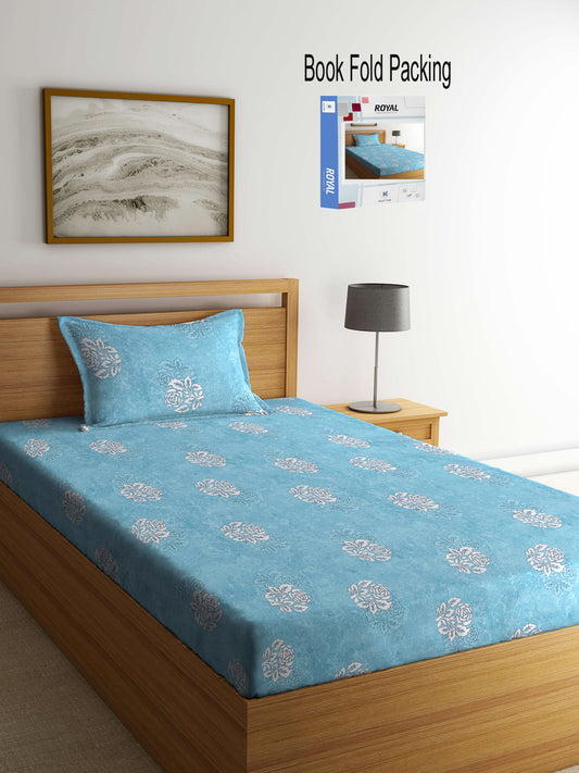 Klotthe Turquoise Floral 400 TC Pure Cotton Single Bedsheet Set in Book Fold Packing