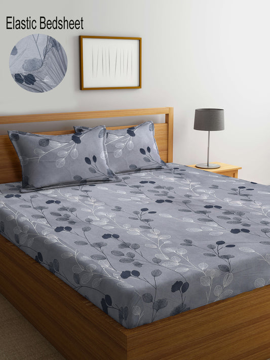 Klotthe Multi Floral 300 TC Cotton Blend Elasticated Super King Double Bedsheet with 2 Pillow Covers (270X270 cm)