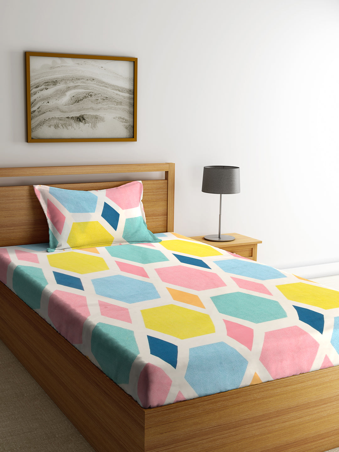 KLOTTHE Multi Polycotton Geometric BedSheet With 1 Pillow Cover (225X150 cm)