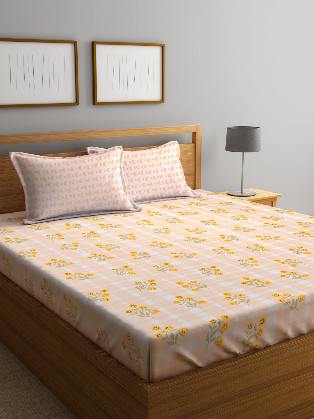 Klotthe Multicolor Floral 300 TC Cotton Blend Fitted Double Bedsheet Set in Book Fold Packing