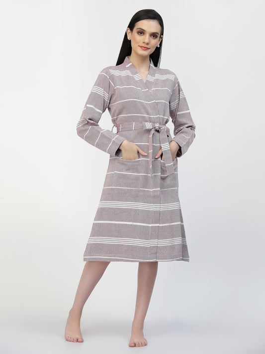 Klotthe Women Purple Striped Cotton Bath Robe With Belt