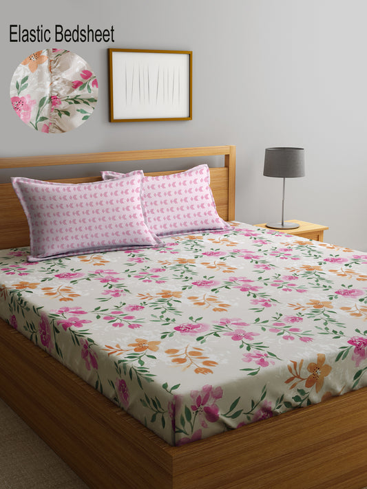 Klotthe Multicolor Floral 300 TC Cotton Blend Fitted Double Bedsheet with 2 Pillow Covers