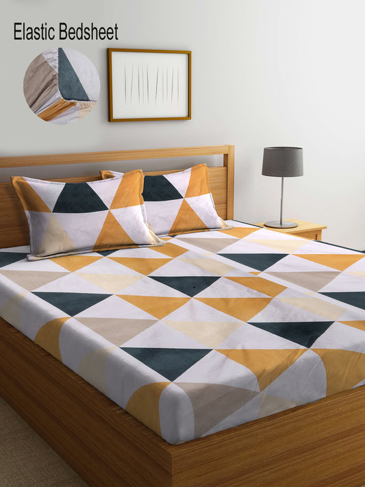 Klotthe Multi Geometric 300 TC Cotton Blend Elasticated Super King Double Bedsheet with 2 Pillow covers (270X270 cm)