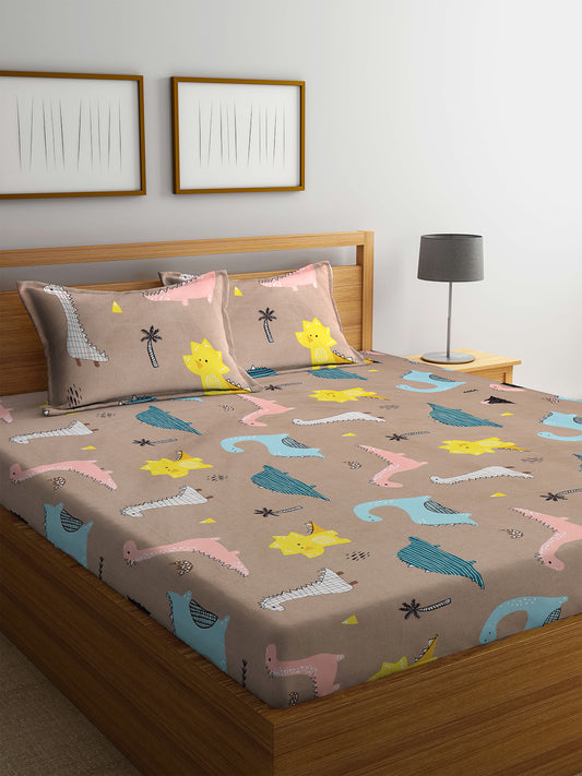 Klotthe Brown Cartoon Print 300 TC Cotton Blend Double Bed Sheet with 2 Pillow Covers in Book Fold Packing