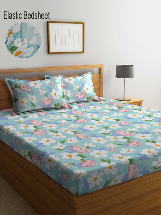 Klotthe Multicolor Floral 300 TC Cotton Blend Fitted Double Bedsheet with 2 Pillow Covers