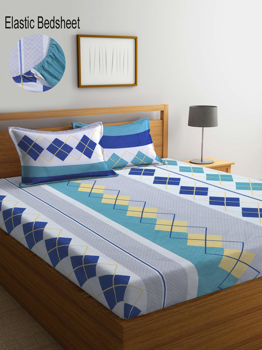 Klotthe Multicolor Geometric 300 TC Cotton Blend Fitted Double Bedsheet with 2 Pillow Covers