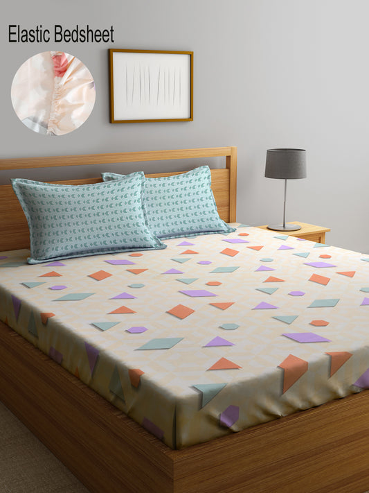 Klotthe Multicolor Geometric 300 TC Cotton Blend Fitted Double Bedsheet with 2 Pillow Covers