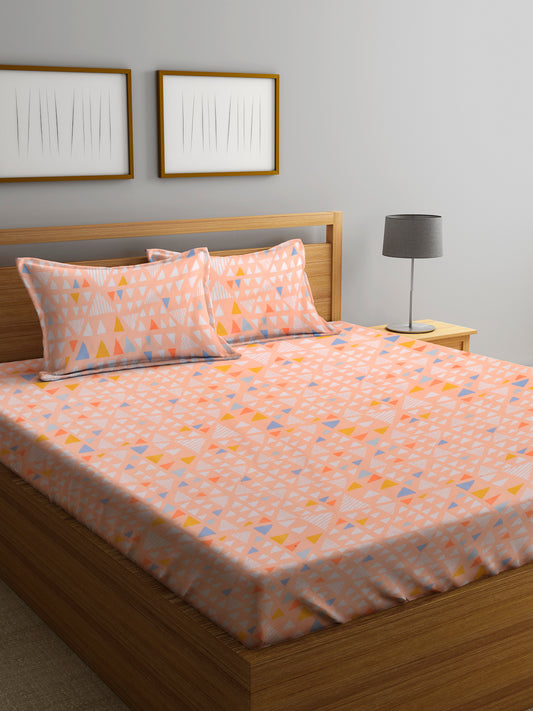 Klotthe Peach 210 TC Geometric Cotton Blend Double Bed Sheet with 2 Pillow Covers