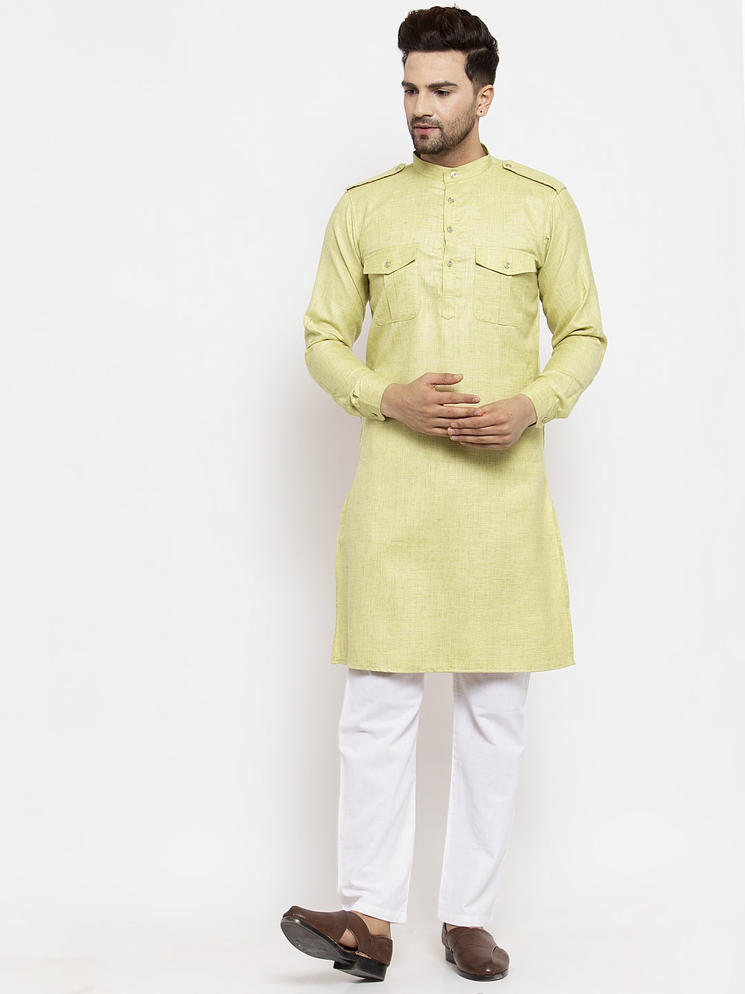 Klotthe Green Mandarin Collar Solid Cotton Kurta