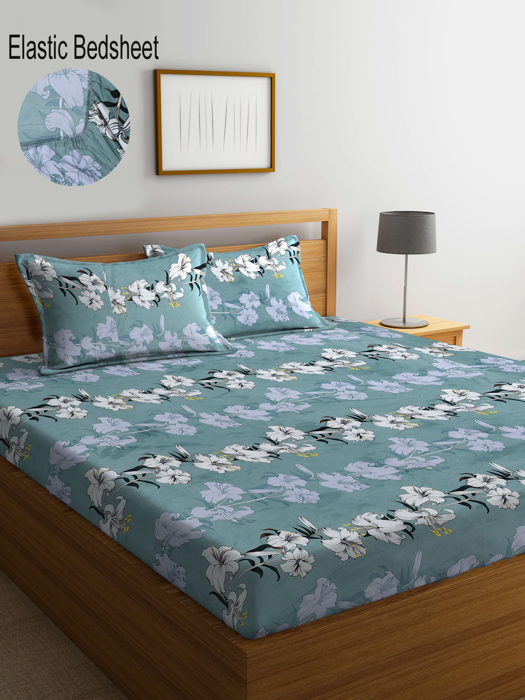 Klotthe Multi Floral 300 TC Cotton Blend Elasticated Super King Double Bedsheet with 2 Pillow Covers (270X270 cm)