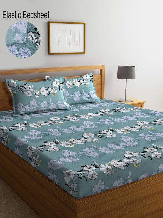 Klotthe Multi Floral 300 TC Cotton Blend Elasticated Super King Double Bedsheet with 2 Pillow Covers (270X270 cm)