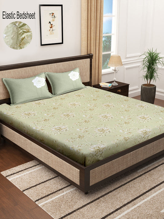 Klotthe Green Floral 400 TC Pure Cotton Fitted Super King Double Bedsheet with 2 Pillow covers (270X270 cm)