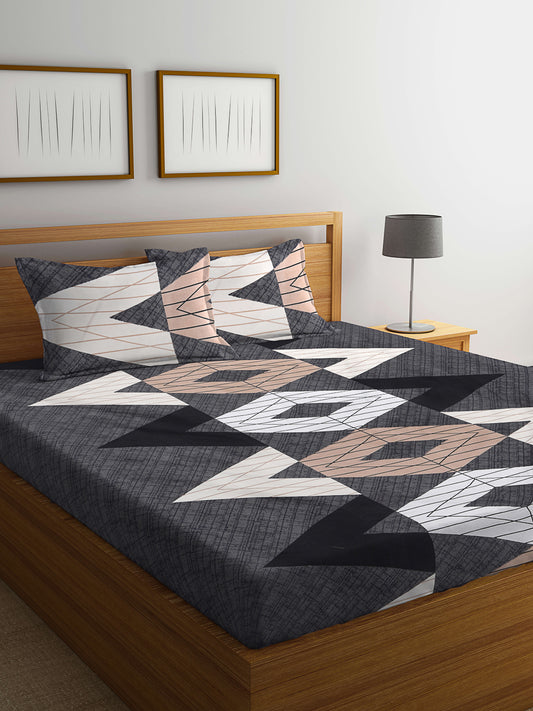 Klotthe Multicolor Geometric 300 TC Cotton Blend Fitted Double Bedsheet with 2 Pillow Covers