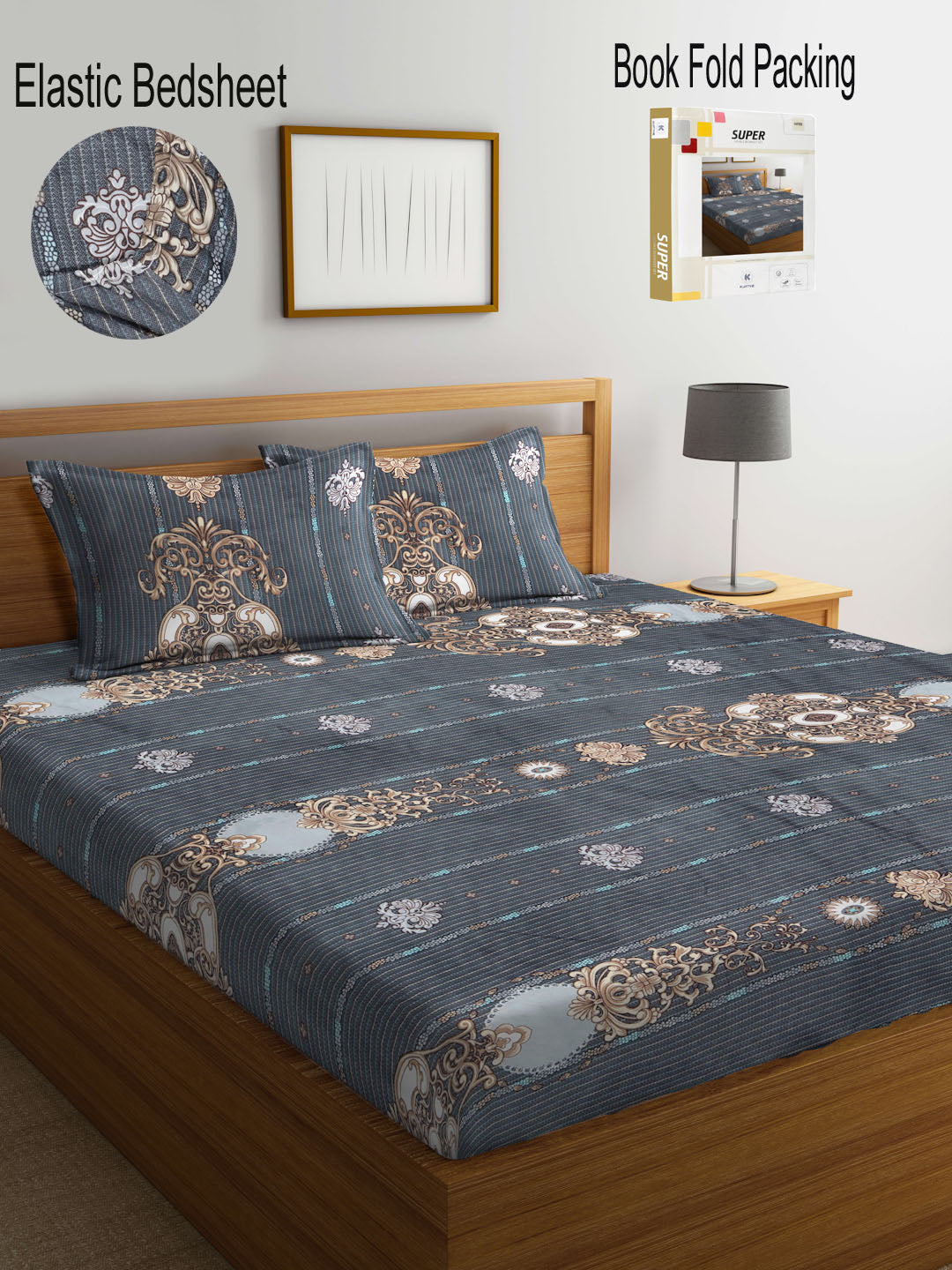 Klotthe Multi Floral 300 TC Cotton Blend Fitted Double Bedsheet with 2 Pillow Covers in Book Fold Packing