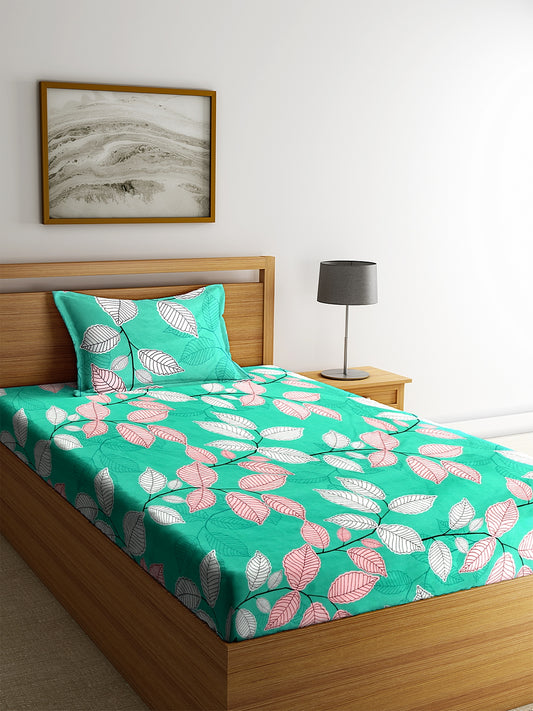 Klotthe Green Floral 210 TC Cotton 1 Single Bedsheet with 1 Pillow Cover