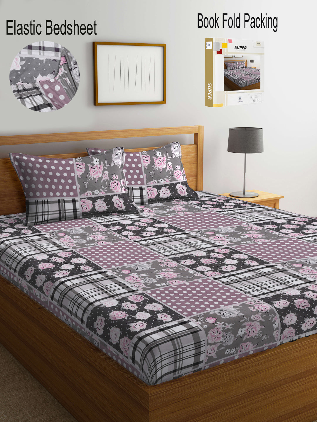 Klotthe Multi Floral 300 TC Cotton Blend Fitted Super King Double Bedsheet Set in Book Fold Packing (270X270 cm)