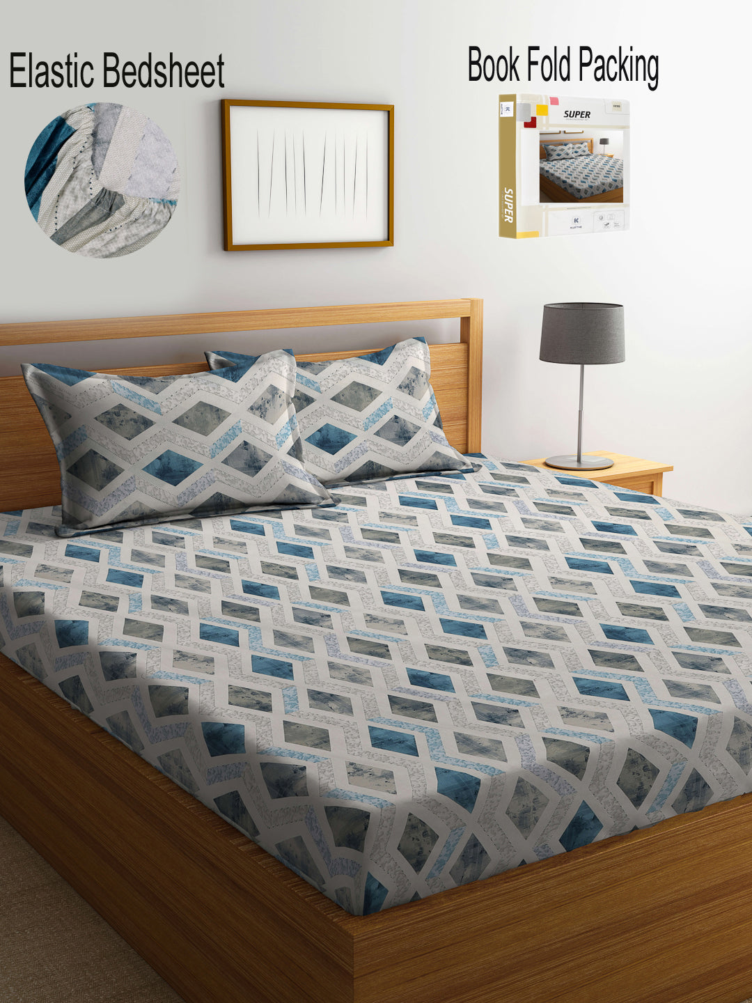 Klotthe Multicolor Geometric 400 TC Pure Cotton Fitted Double Bedsheet Set in Book Fold Packing