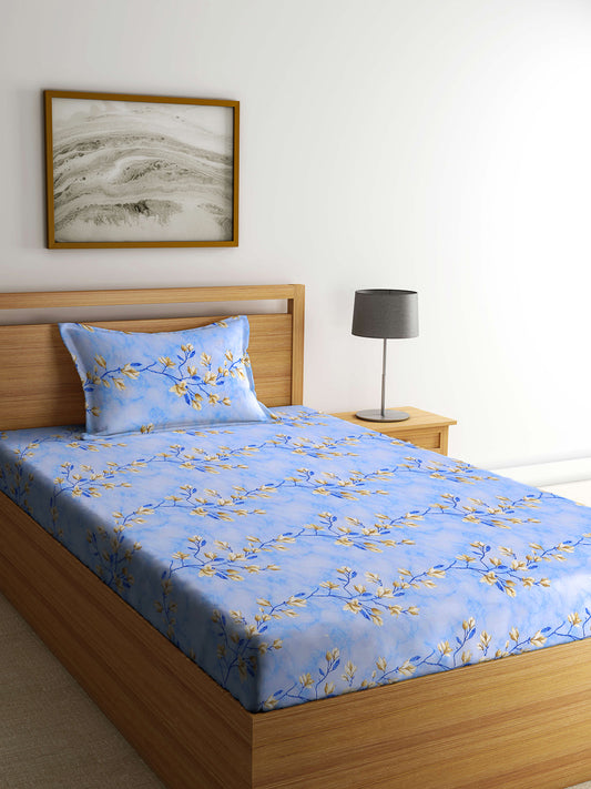 Klotthe Multicolor Floral 400 TC Pure Cotton Fitted Single Bedsheet with Pillow Cover