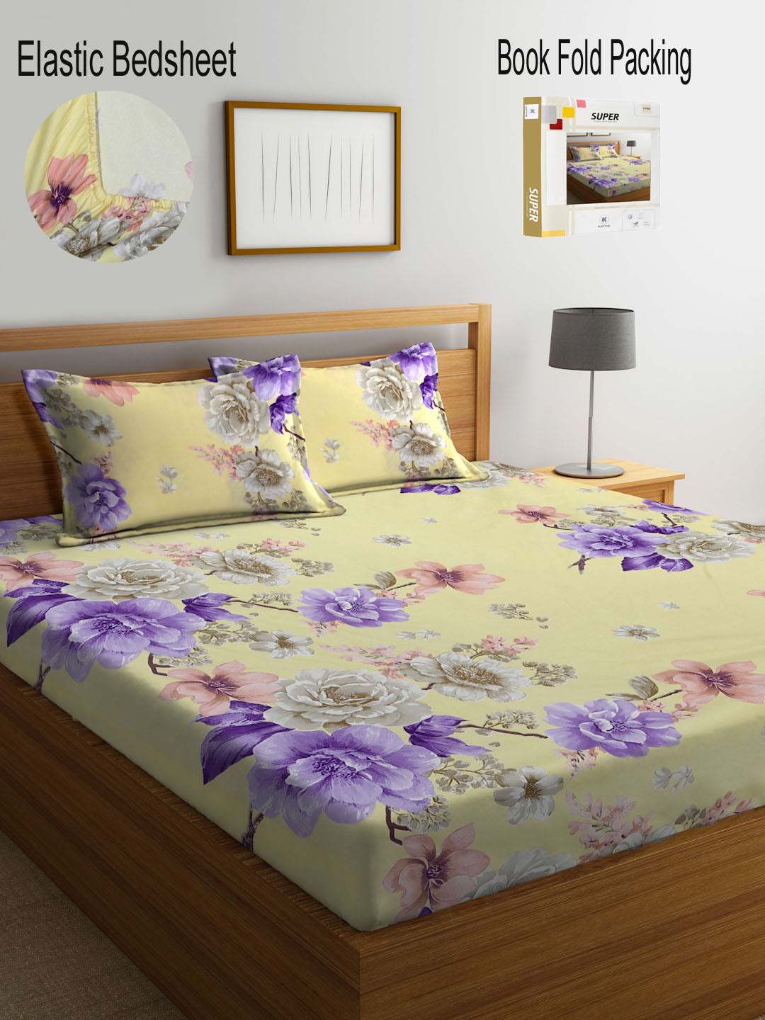 Klotthe Yellow Floral 300 TC Cotton Blend Fitted Double Bedsheet with 2 Pillow Covers in Book Fold Packing