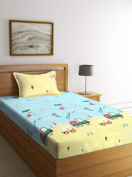 KLOTTHE Multi Polycotton Cartoon Characters BedSheet With 1 Pillow Cover (225X150 cm)