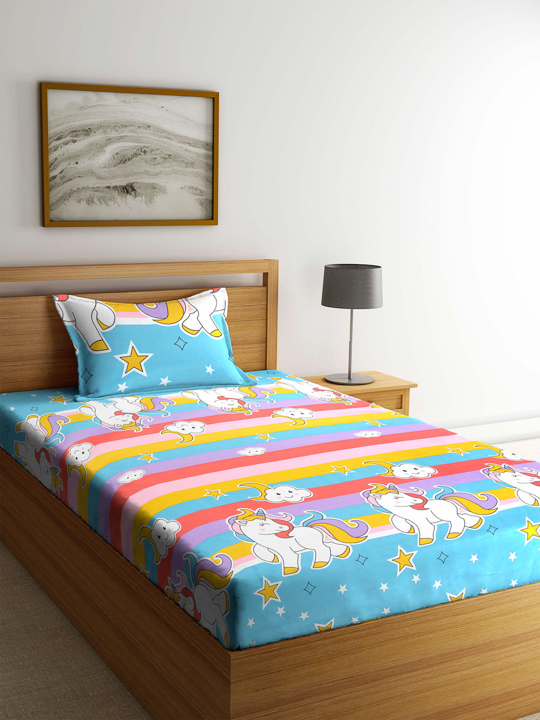 Klotthe Multi Cartoon Characters Cotton Blend Single Bedsheet with Pillow cover