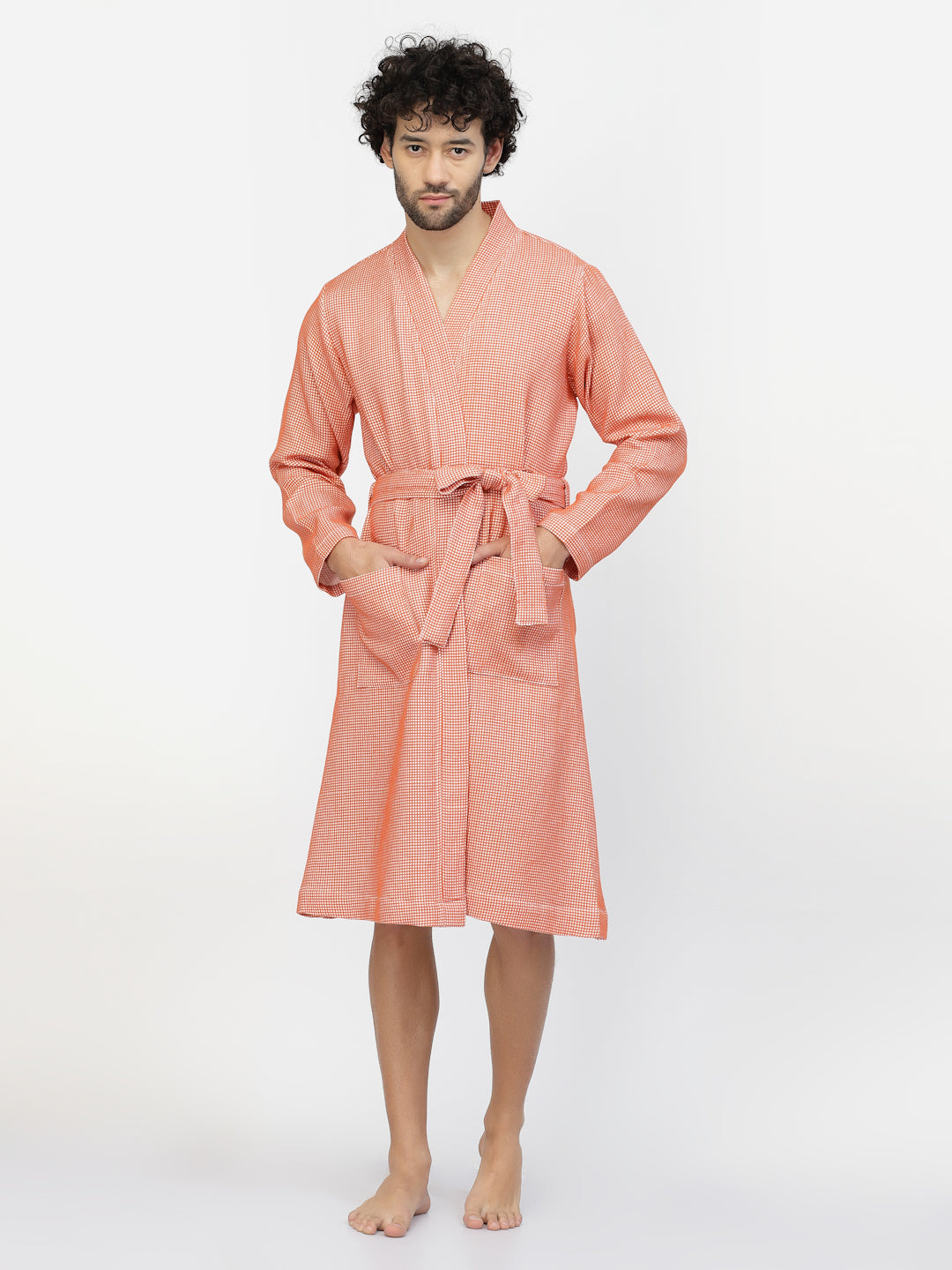 Klotthe Men Orange Checked Cotton Bath Robe With Belt