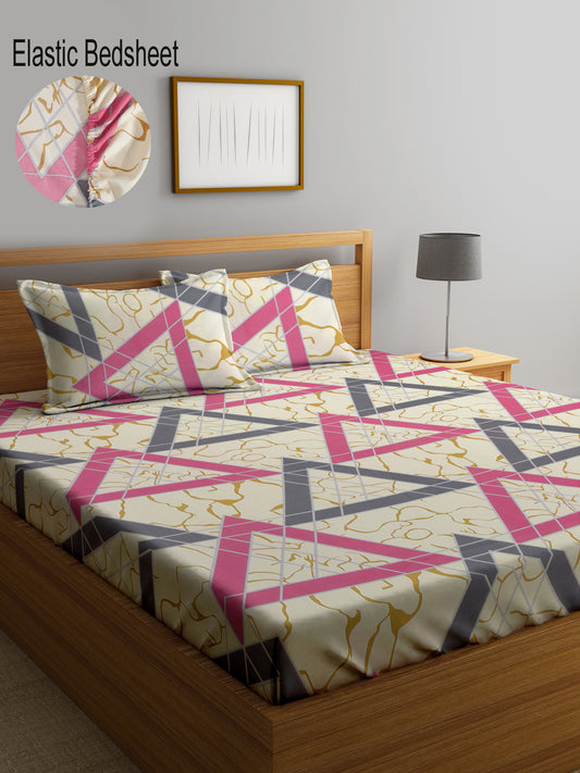 Klotthe Multicolor Geometric 300 TC Cotton Blend Fitted Double Bedsheet with 2 Pillow Covers