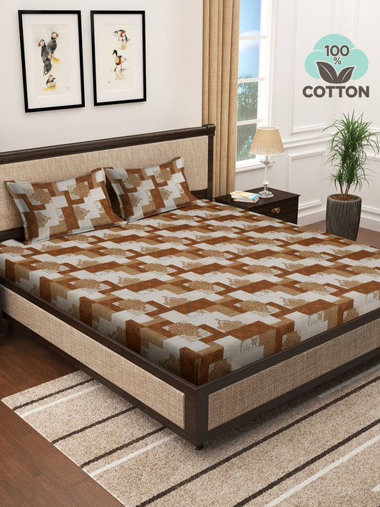 Klotthe Multicolor Geometric 400 TC Pure Cotton Super King Double Bedsheet with 2 Pillow covers